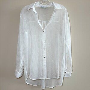 ZARA Sheer White Gold Stripe Button Down Blouse Metallic Long Sleeve Top small